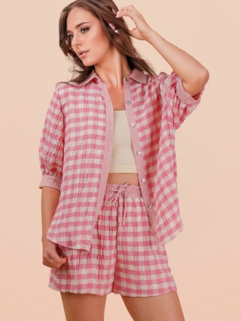 "The Kristina" Pink Gingham Checkered Shirt Top & Shorts Set